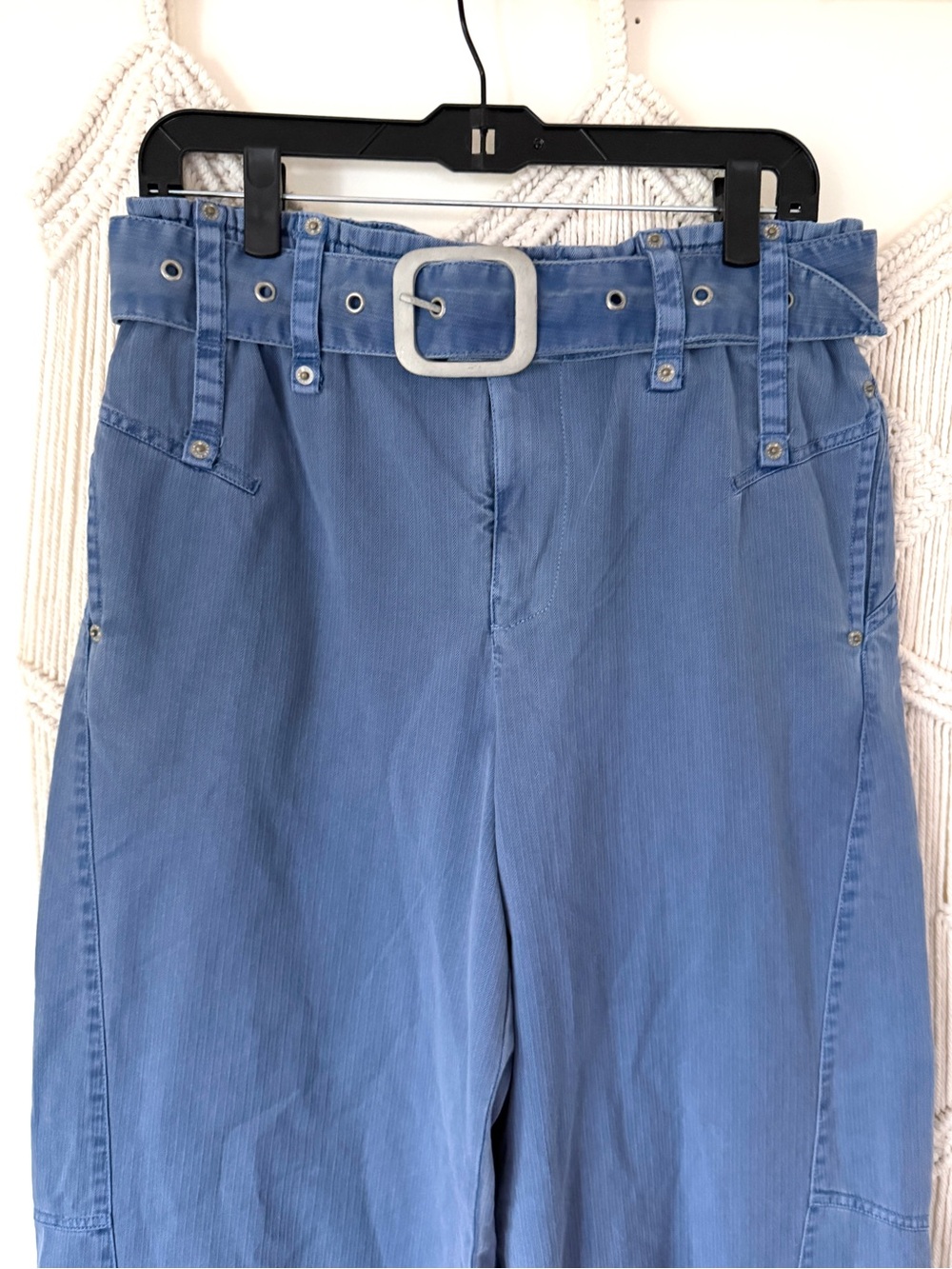 Free People Belted Boyfriend Wide Leg Blue Cotton Pants M NWOT - Picture 3 of 13